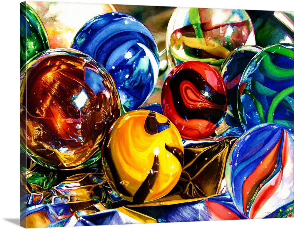 Watercolor painting of colored marbles on a crumpled sheet of foil.