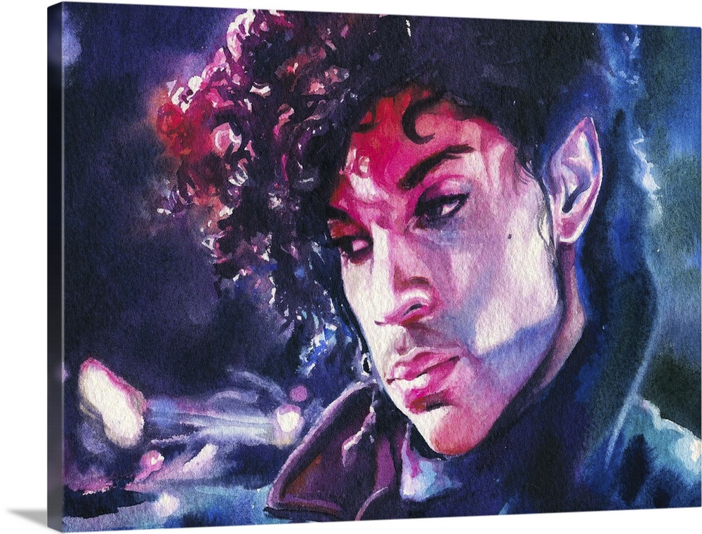 Horizontal watercolor painting of Prince.