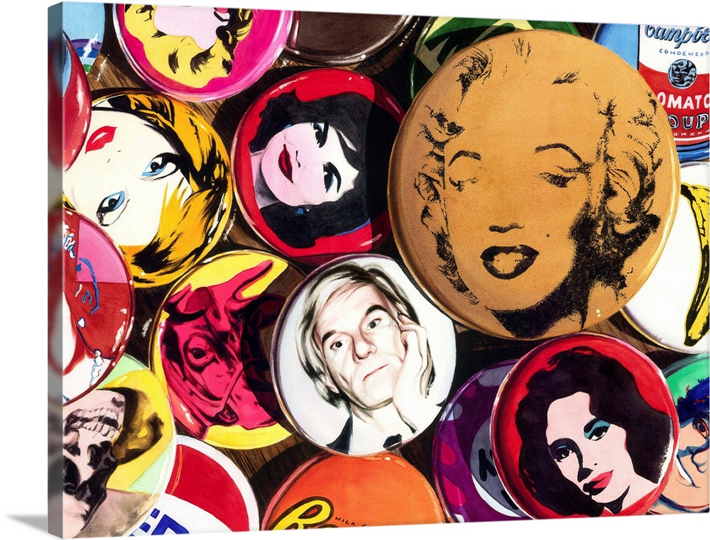 Watercolor painting of a collection of Andy Warhol pins on a wooden table.