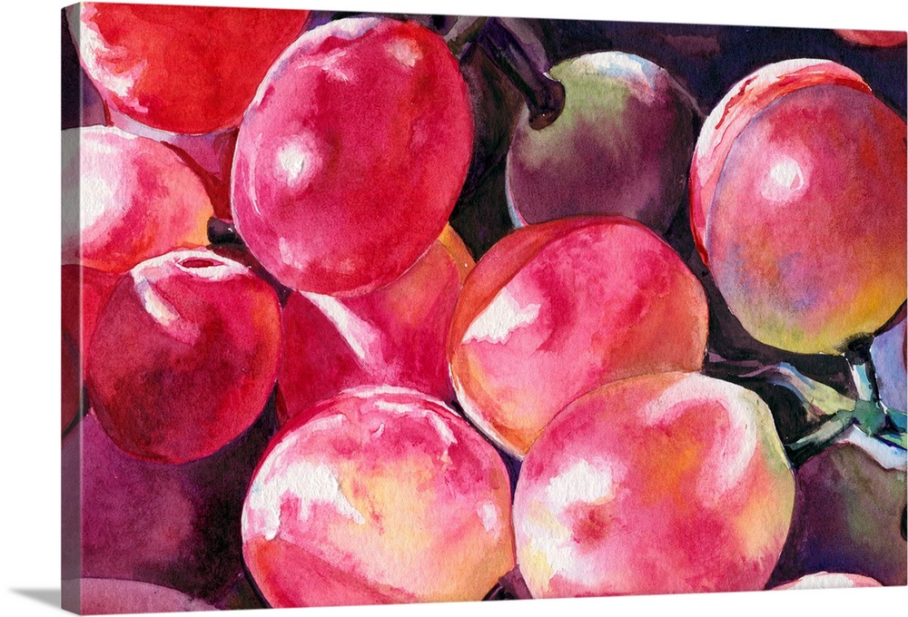 Horizontal watercolor painting of a bunch of red grapes.