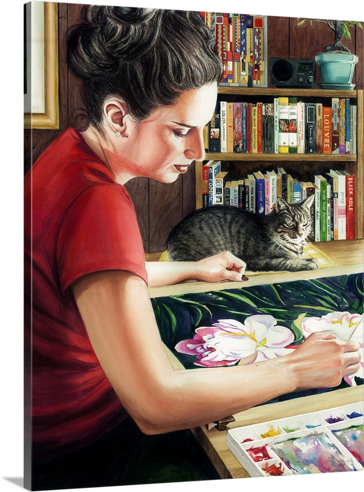 Contemporary self portrait of artist with her cat.