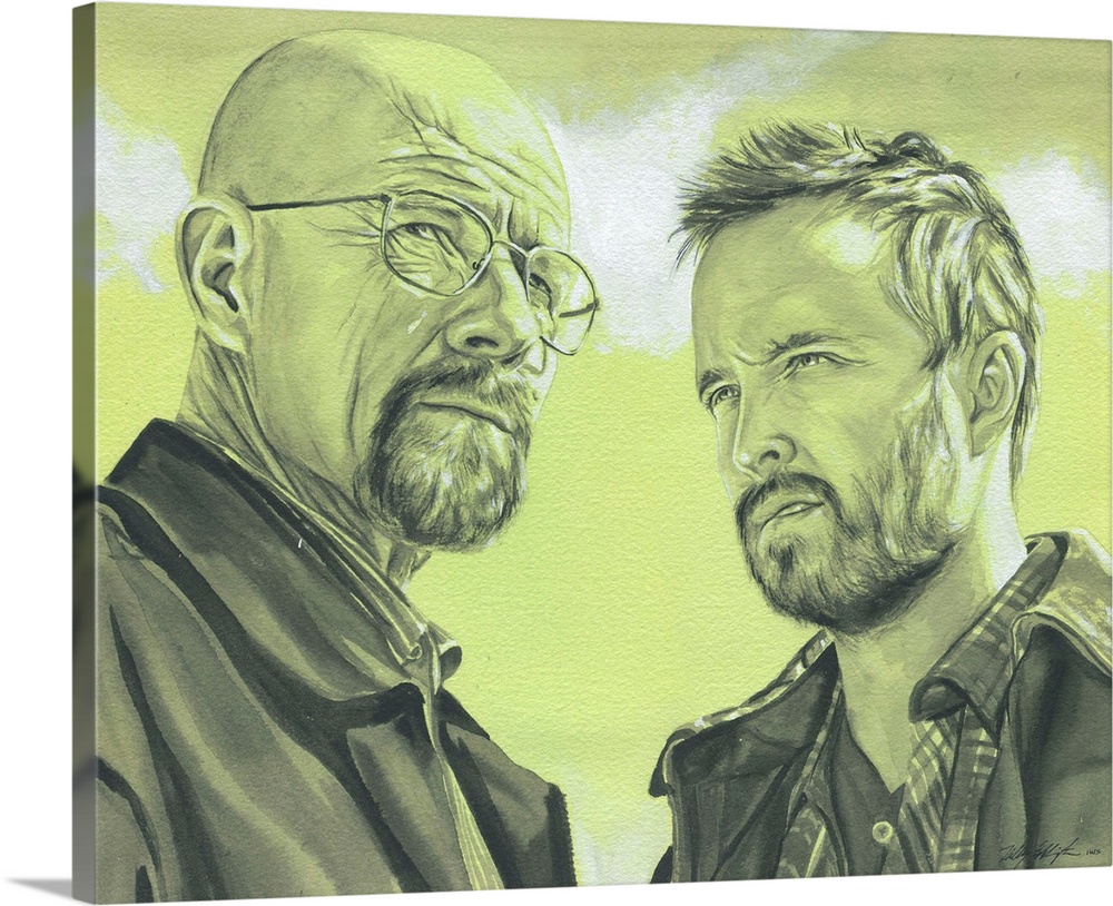 Walter and Jesse from Breaking Bad.  The original version of this painting is black watercolor and white acrylic paint on ...