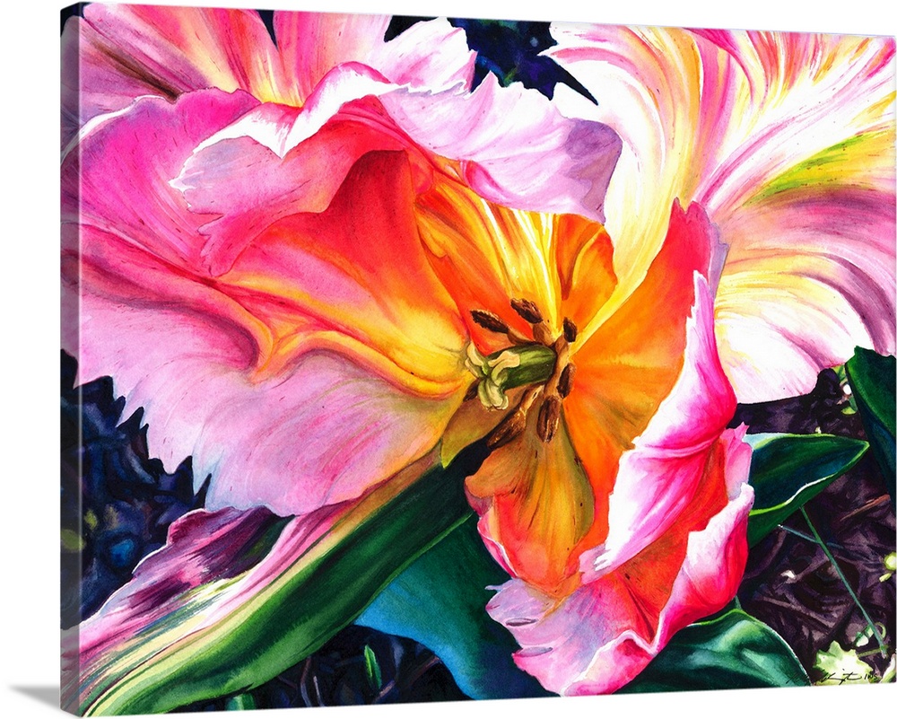 Parrot tulips painted in vibrant watercolor paints.