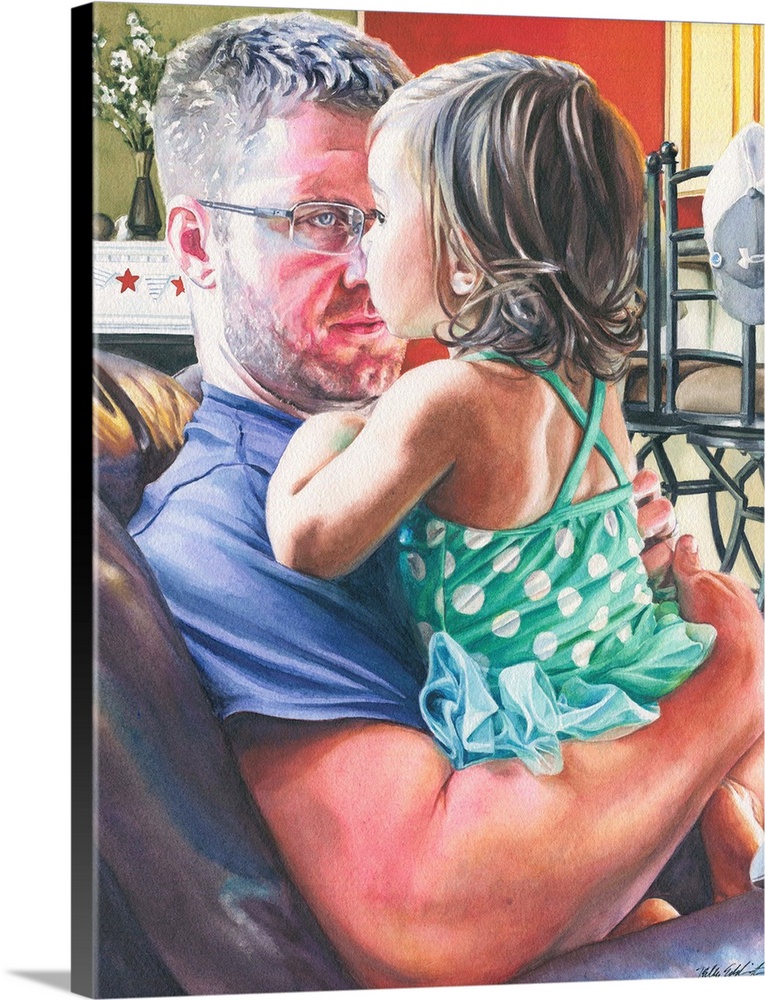 A vertical watercolor painting of a father holding is daughter.