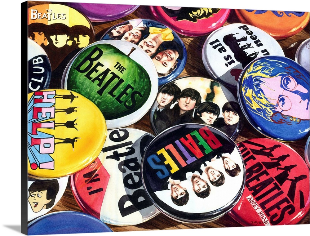 Watercolor painting of a collection of Beatles pins/buttons/badges on a wooden table.