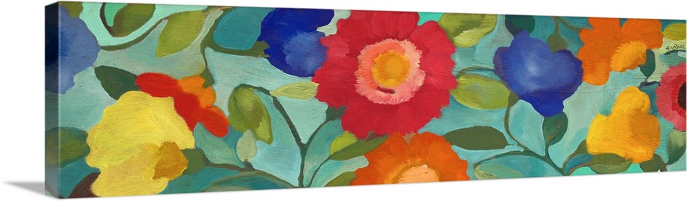 Horizontal painting of bright, warm-colored flowers against a pale blue background; in a soft style.