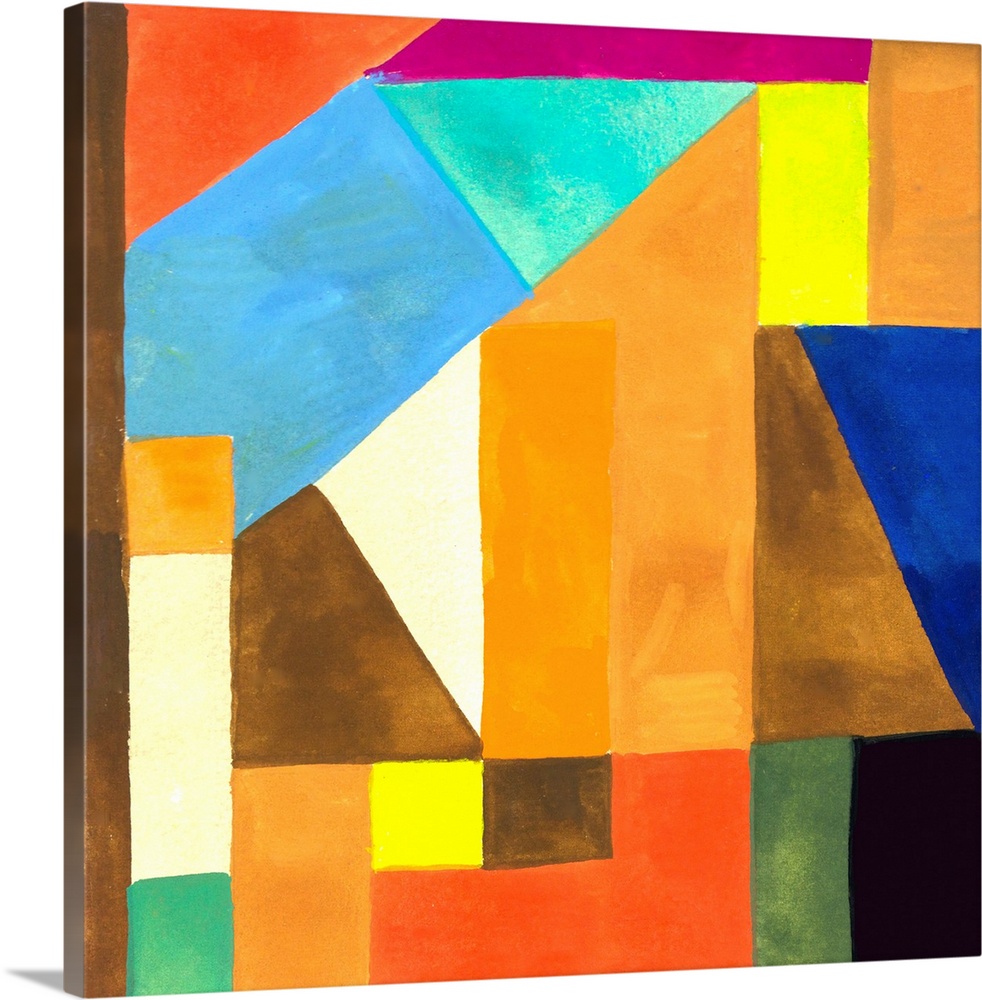 Abstract painting of a variety of angular shapes in bright colors constructed together.