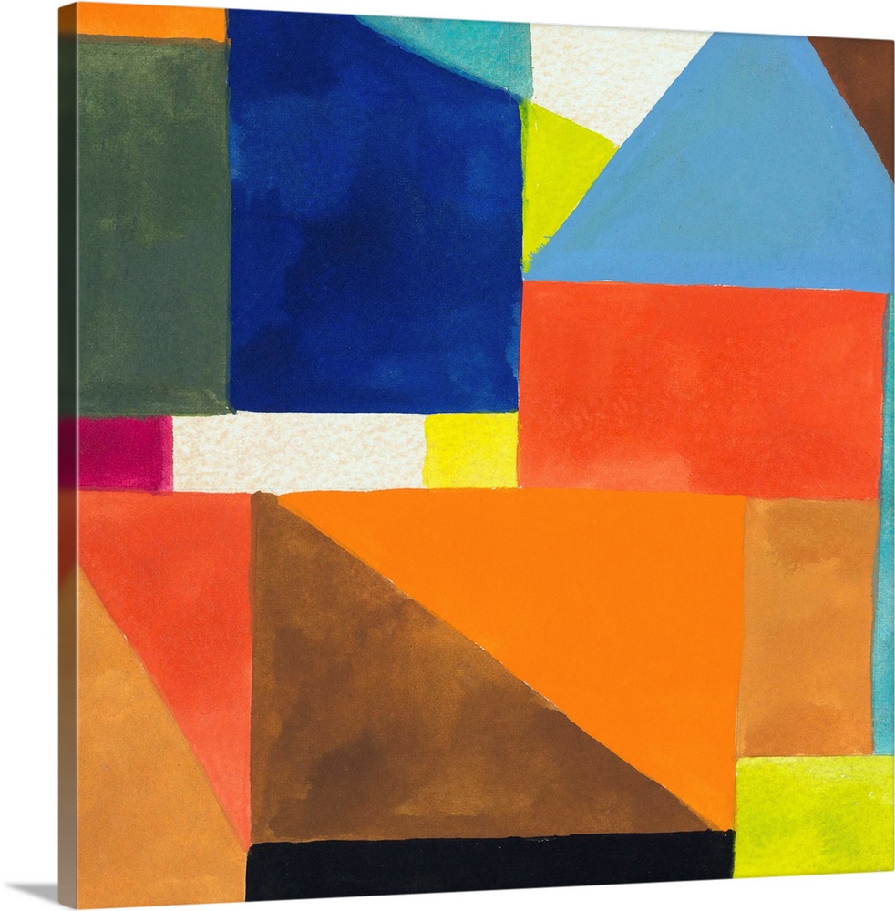 Abstract painting in bright colors (predominantly orange and blue) with angular, geometric shapes