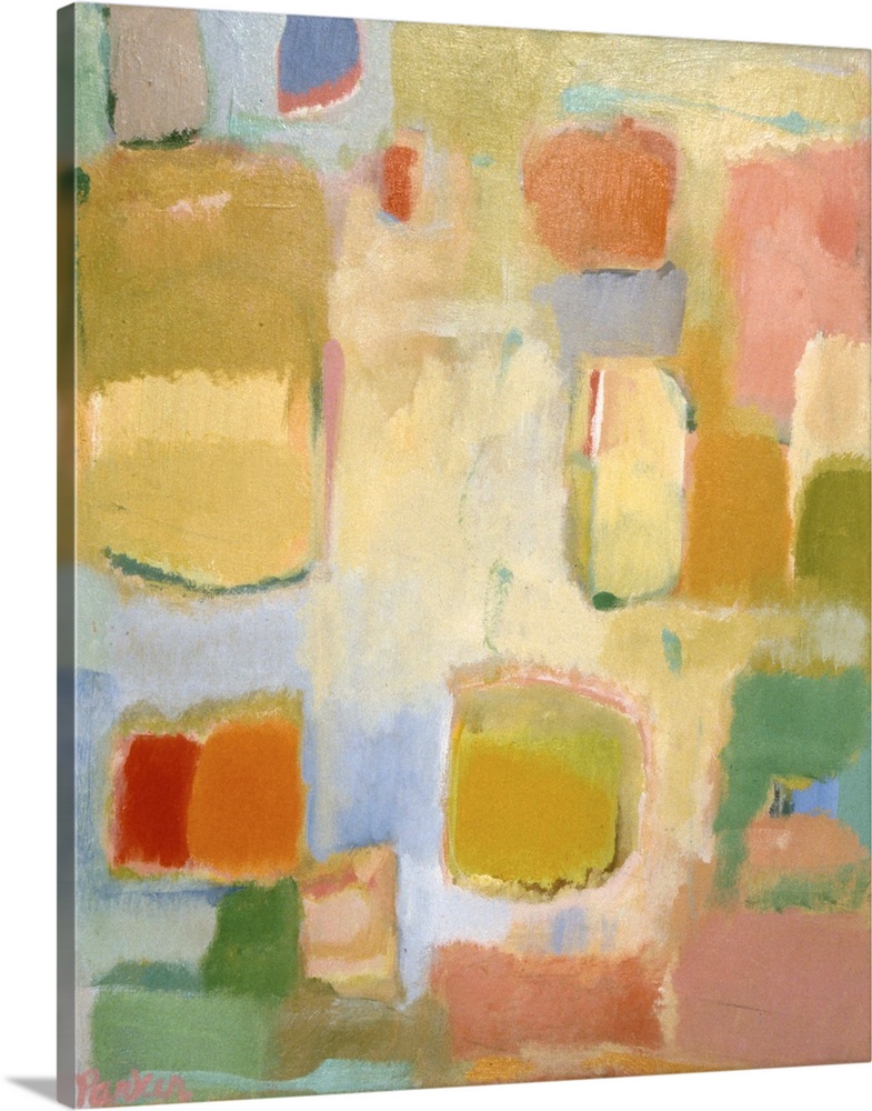 Abstract painting of soft, rounded rectangular shapes in muted, spring-like colors