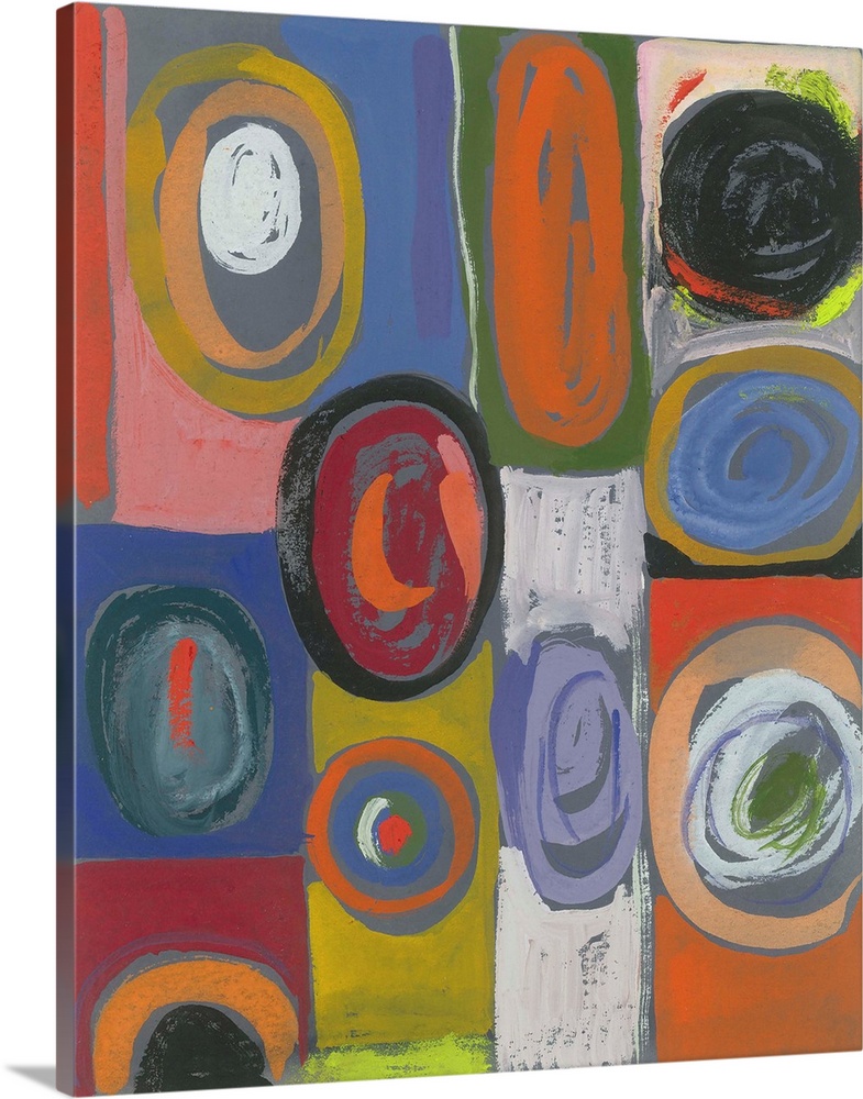 Painting of circular shapes in various hues and sizes over blocks of color.