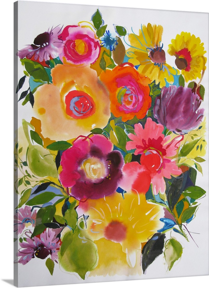 A series of purple zinnias and yellow flowers in a softly painted style against a light background.