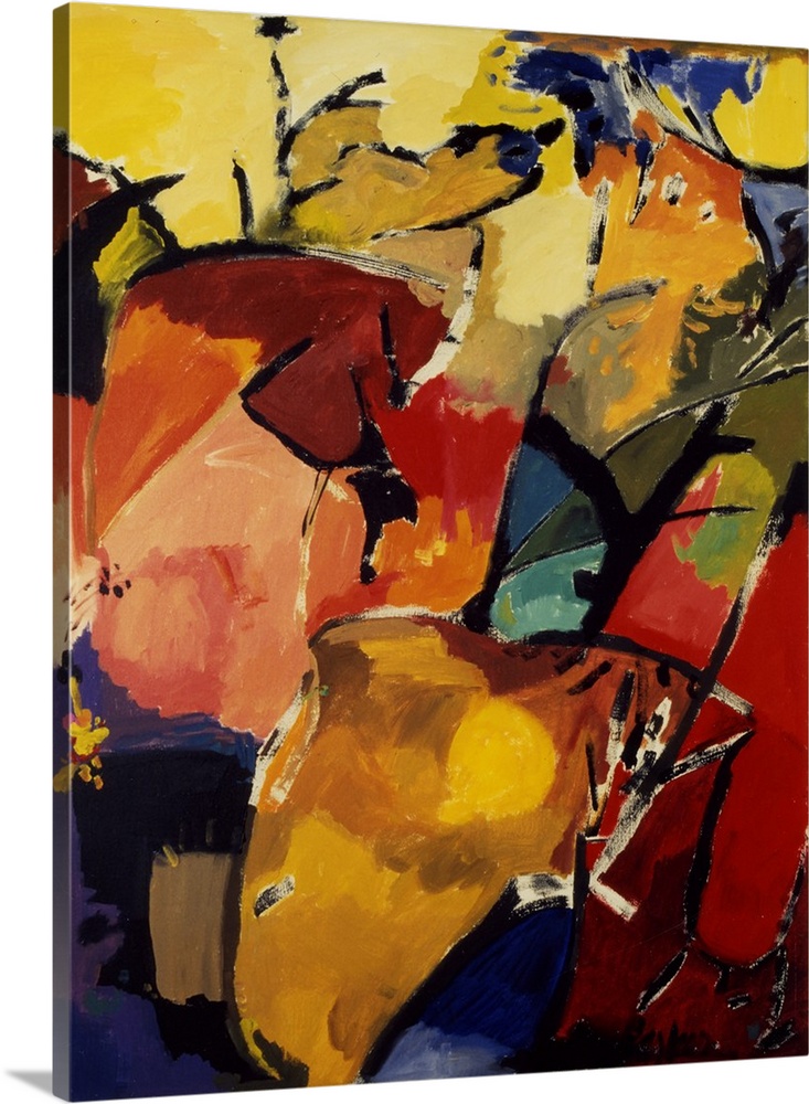 An abstract painting of various rounded shapes outlined in white in warm yellow, red and blue tones.
