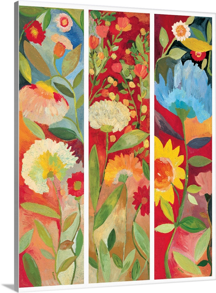 An array of three sections filled with various flowers in a soft style against a vibrant background.