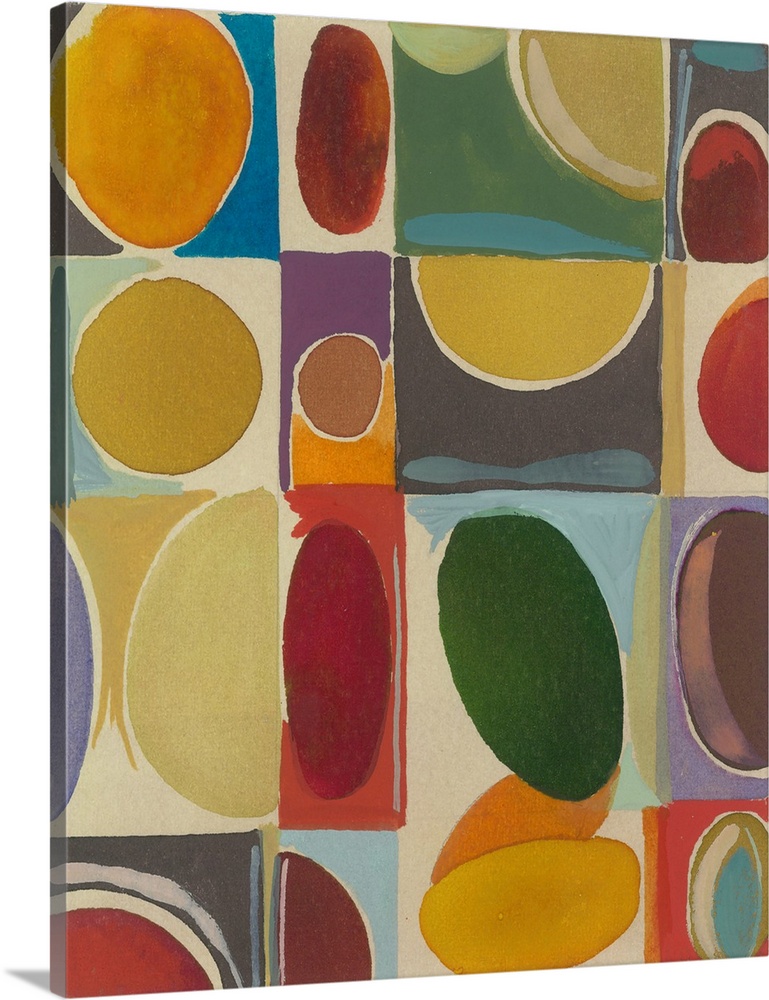 Painting of oval shapes in various hues and sizes over blocks of color.