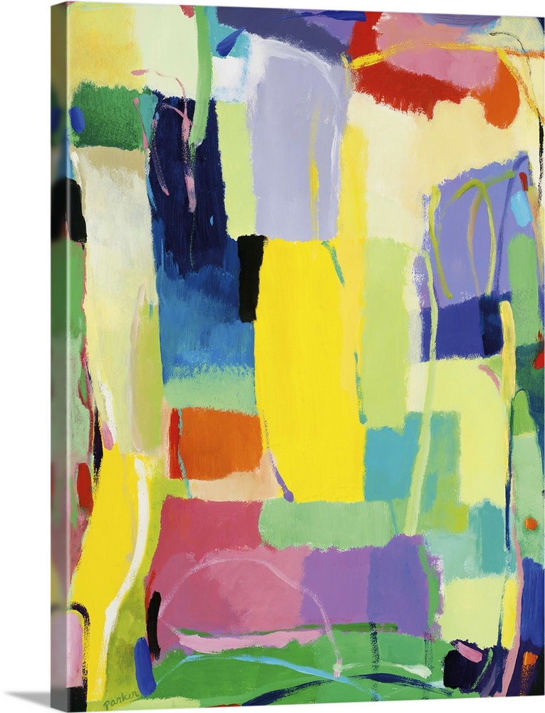 Abstract painting of soft, rounded rectangular shapes in bright, spring-like colors