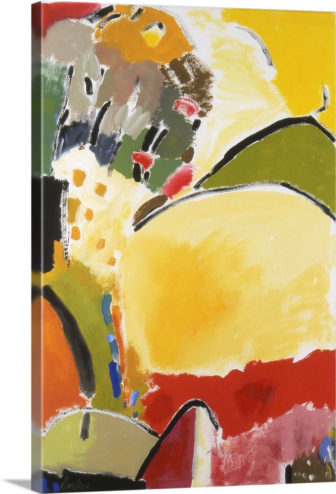 An abstract painting of various brush strokes in warm, yellow red and green tones.