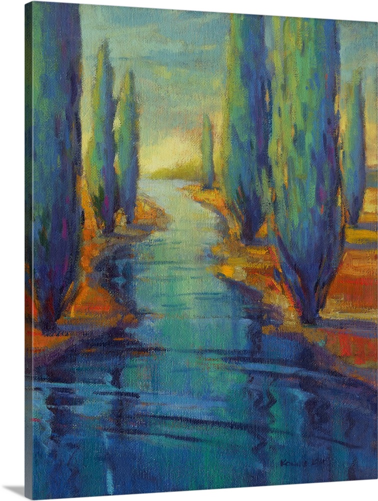 A vertical contemporary painting of a river framed by cypress trees.