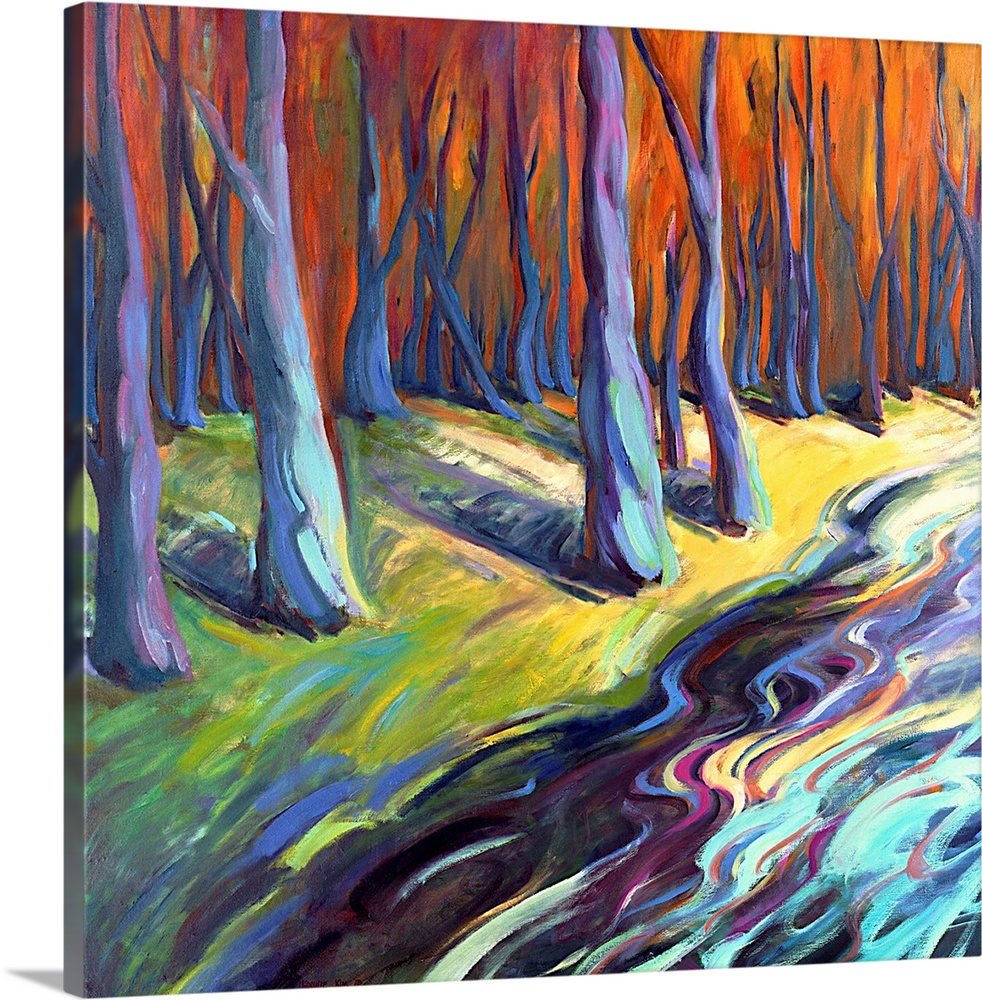 A contemporary abstract painting of a river in a forest painted with colorful brush strokes.