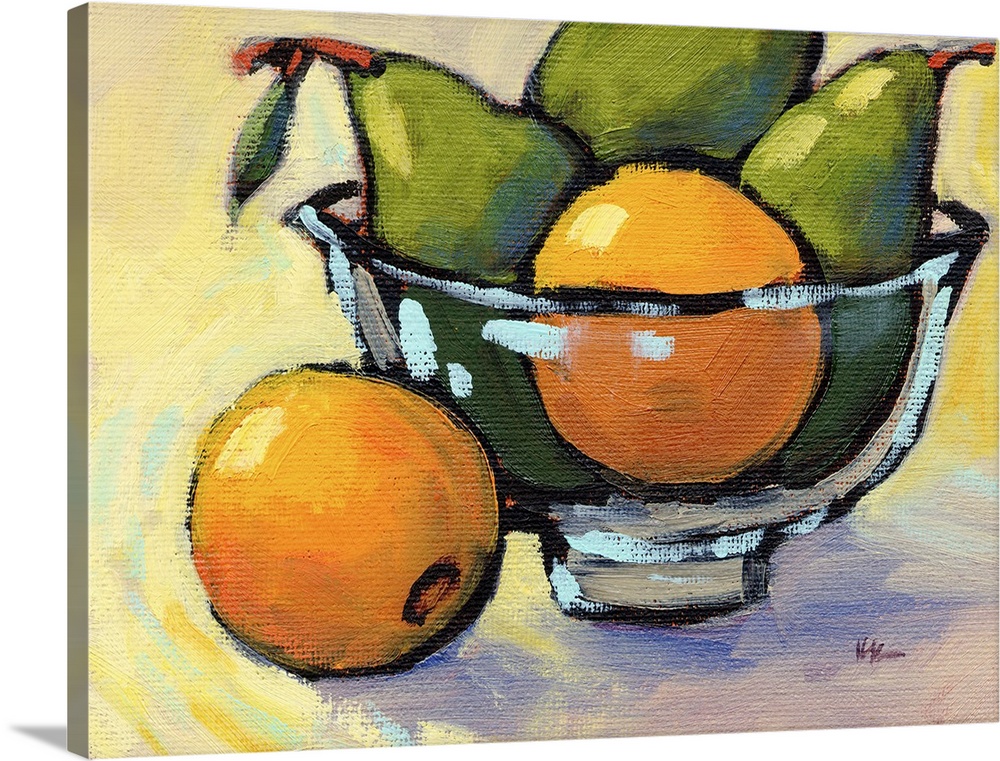 A contemporary abstract painting of a bowl of fruit in vibrant colors.