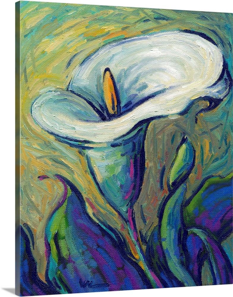 A vertical contemporary painting of a single white lily.