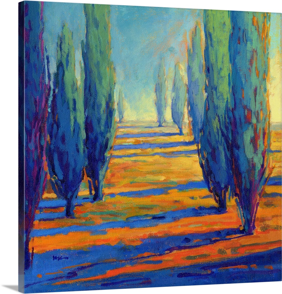 A contemporary painting of a divide between a row of cypress trees.