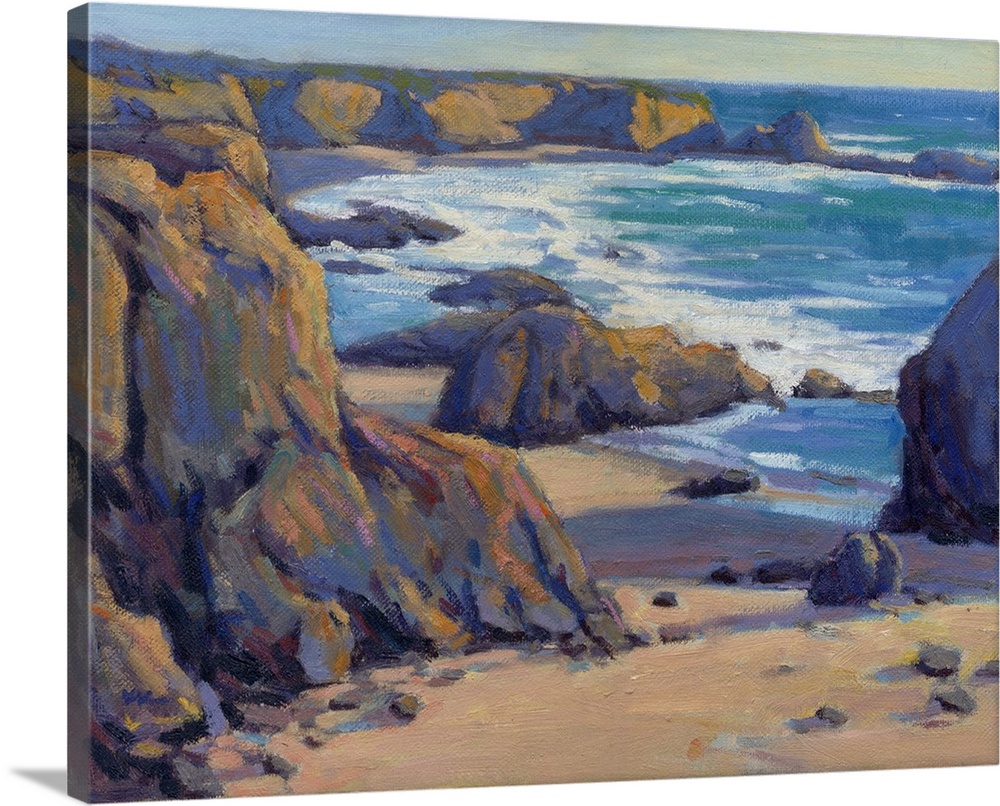 Contemporary painting of a rocky beach with vivid blue water.