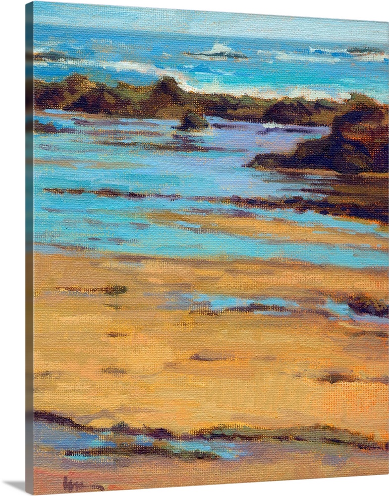 Vertical contemporary painting of a rocky beach with vivid blue water.