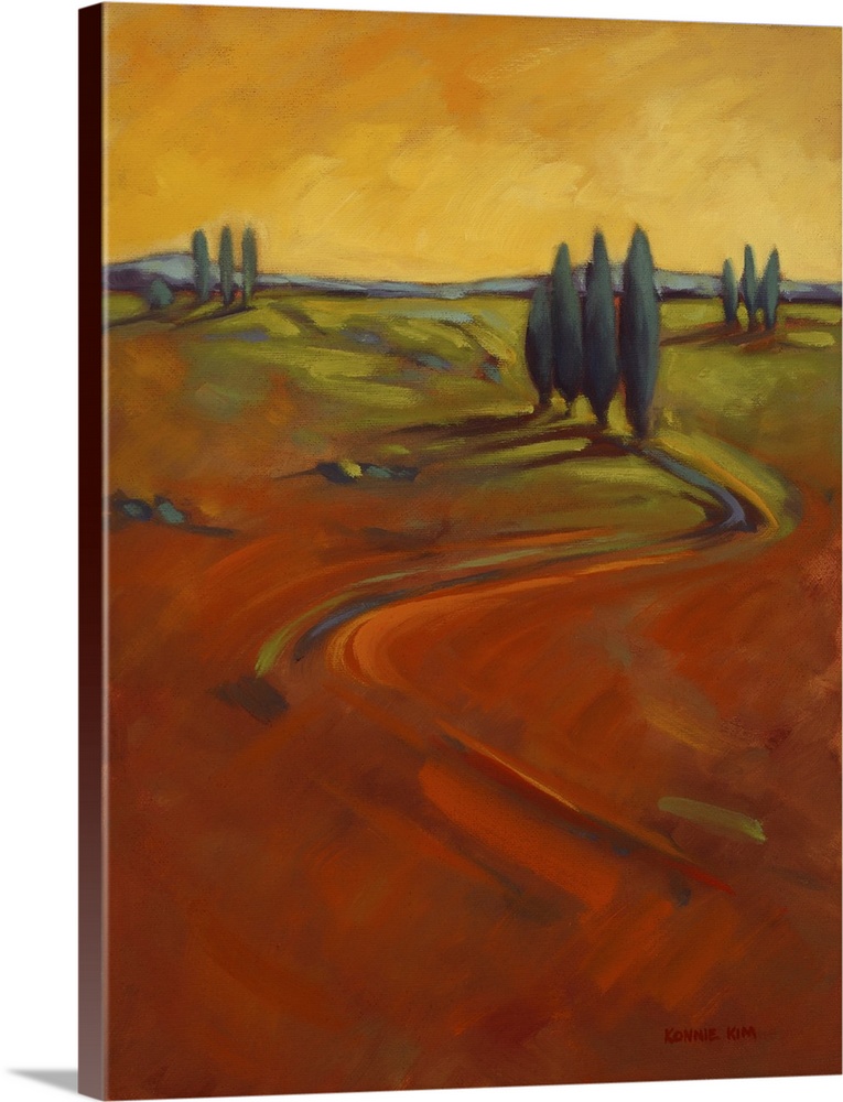 A contemporary painting of cypress trees on a hill in warm colors of orange and yellow.