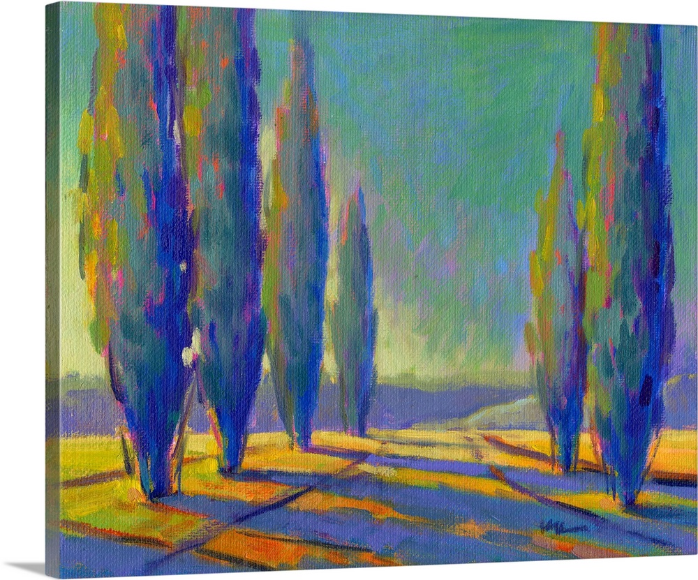 Contemporary painting of tall, skinny trees in a field with pink and yellow sunset colors shining onto them.