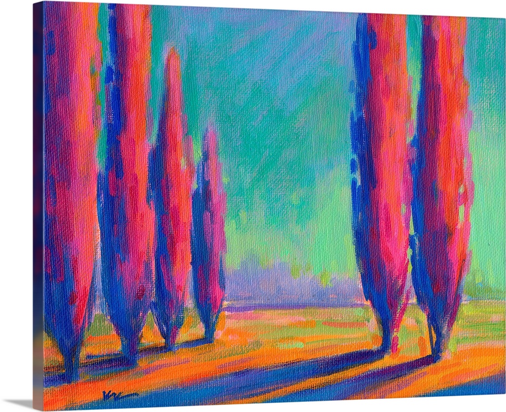 A contemporary painting of a divide between a row of cypress trees in warm red tones.