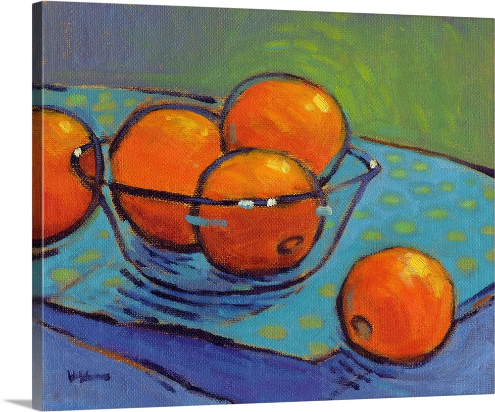 A contemporary abstract painting of a bowl of oranges in vibrant colors.