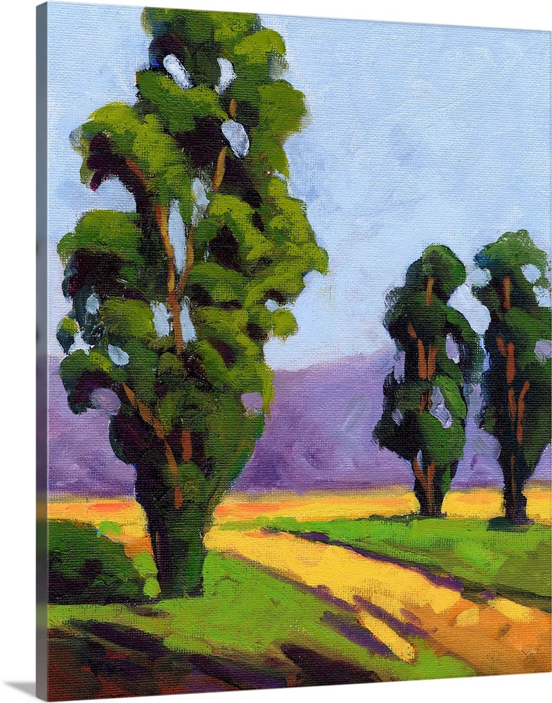 A contemporary painting of a small country road framed by Eucalyptus  trees.
