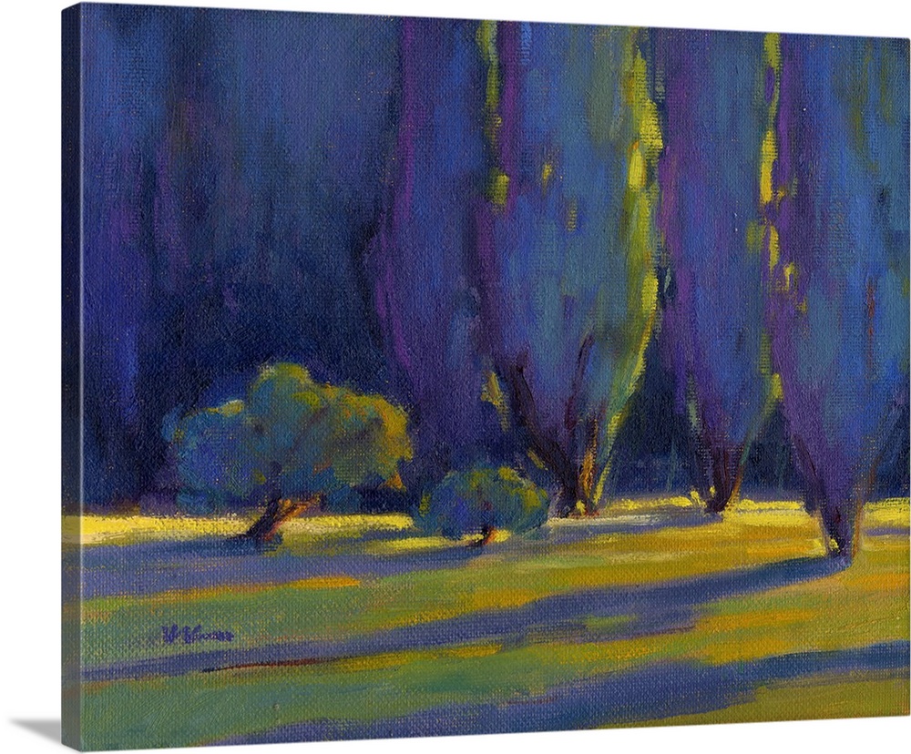 Horizontal painting of a row of trees in shades of blue and green.