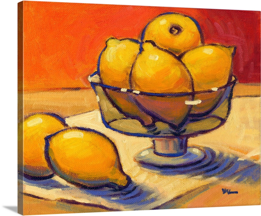 A contemporary abstract painting of a bowl of lemons against a orange background.