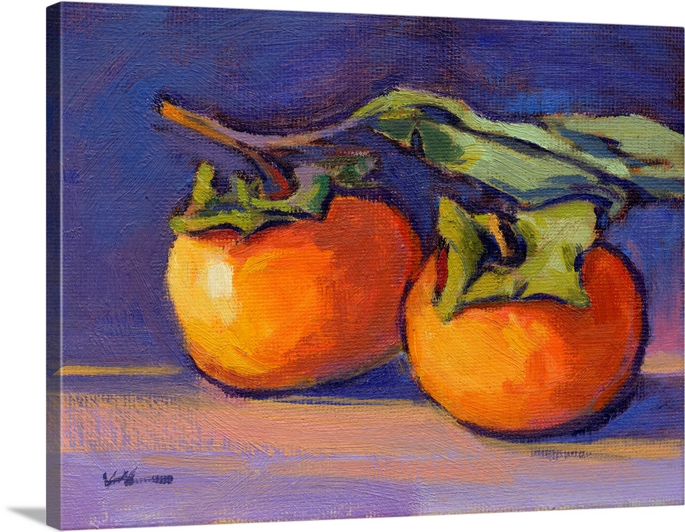 Contemporary still life painting of two tomatoes still attached to the vine on a background made with shades of purple and...
