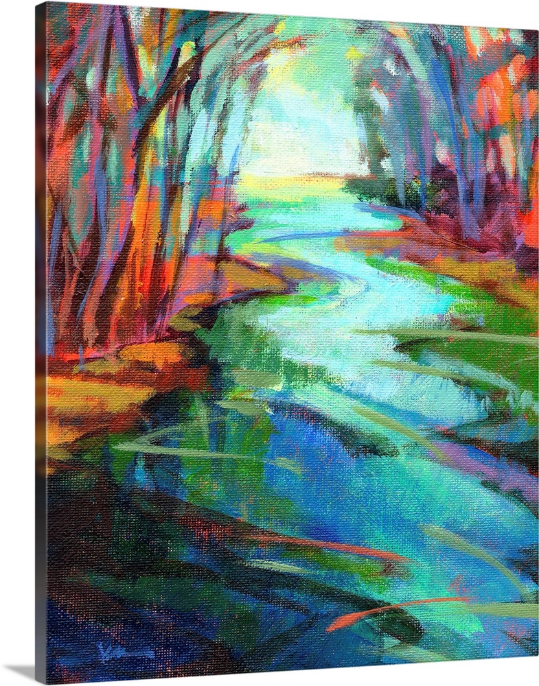 A contemporary abstract painting in colorful brush strokes of a river framed by trees.