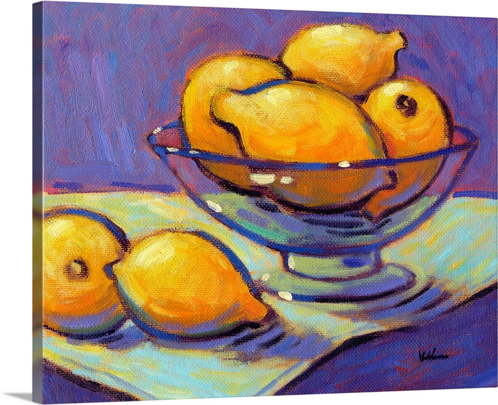 A contemporary abstract painting of a bowl of lemons against a purple background.