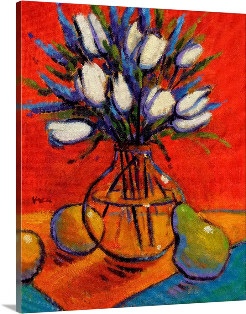 A vertical contemporary painting of a glass vase of eloquent flowers and pears.