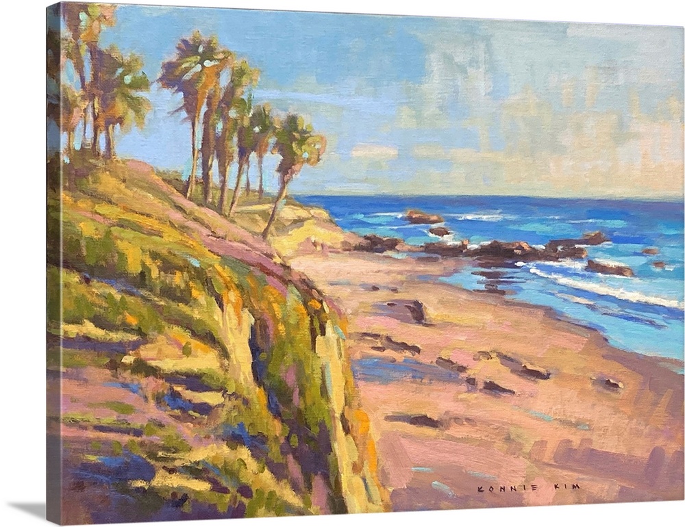 A contemporary impressionist painting of palm trees and a rocky coastline as the sun sets
