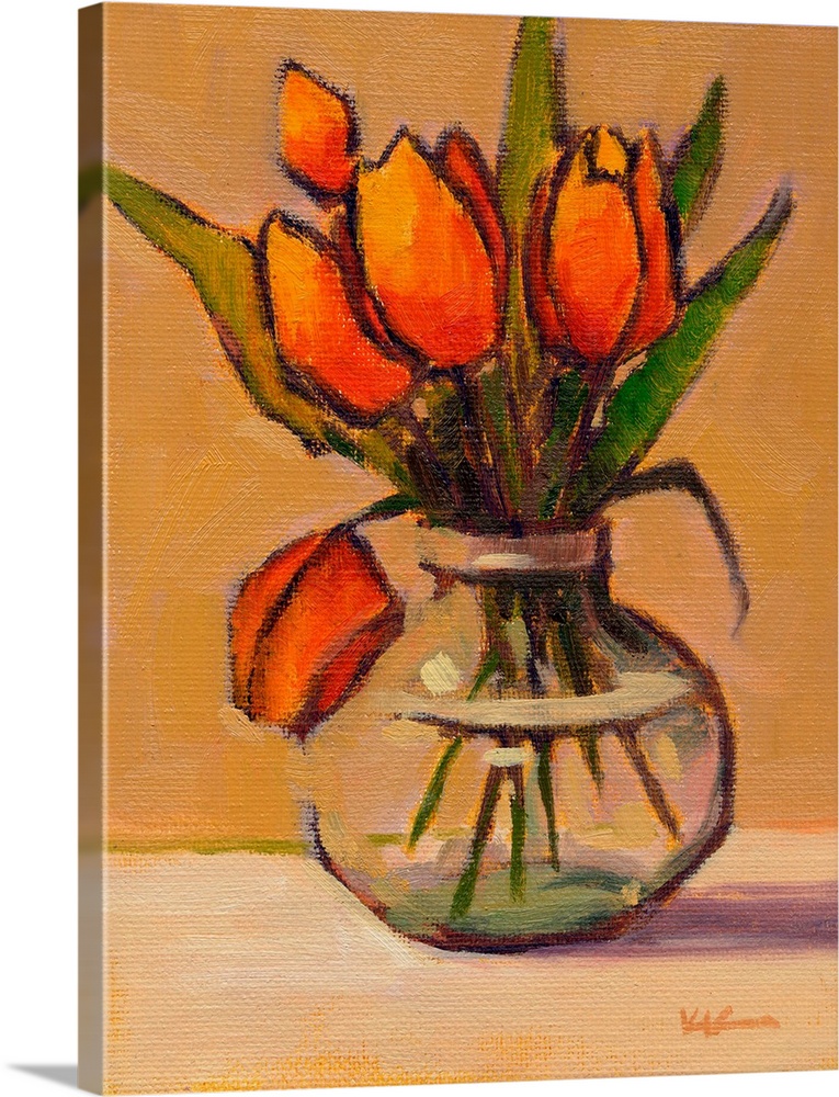 A vertical contemporary painting of a glass vase of eloquent flowers.
