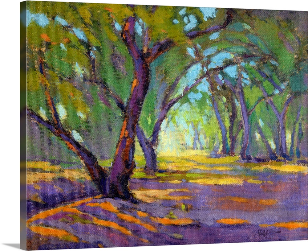 Contemporary landscape with curved trees in a forest setting made with purple, orange, yellow, and green hues.