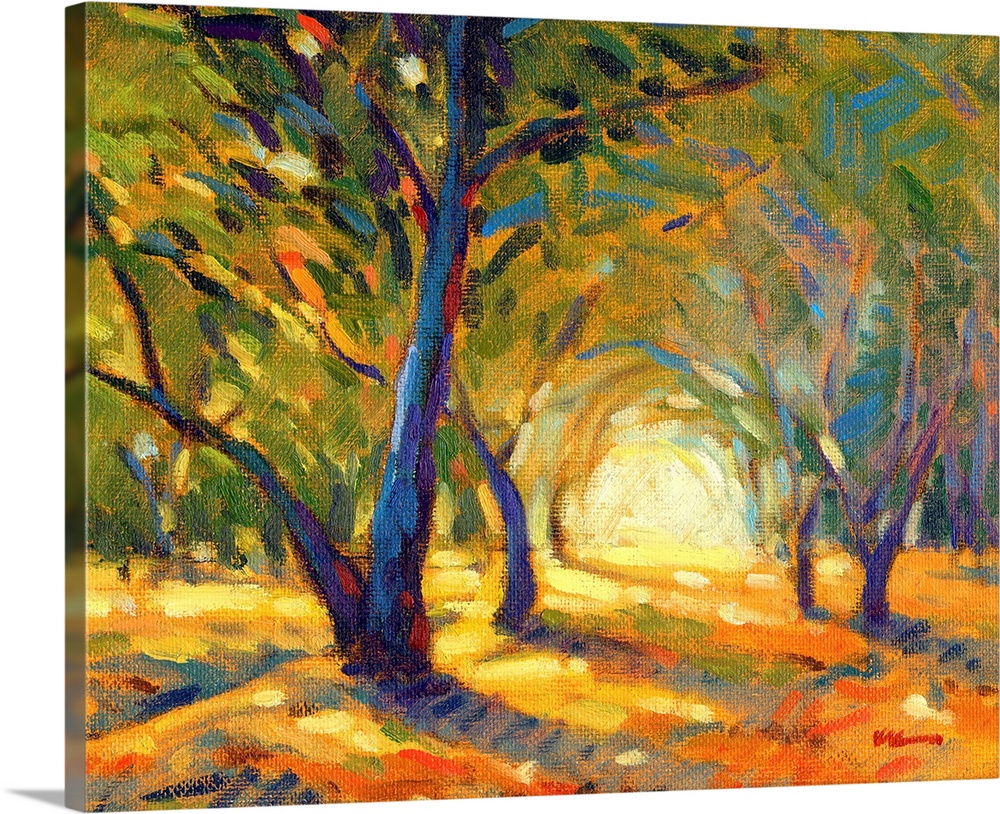 A horizontal contemporary painting of colorful autumn forest.