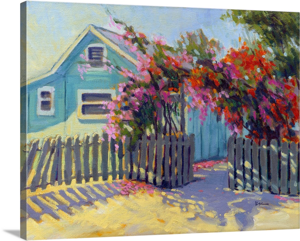 Contemporary painting of a blue house with vibrant red flowers in a fenced archway.