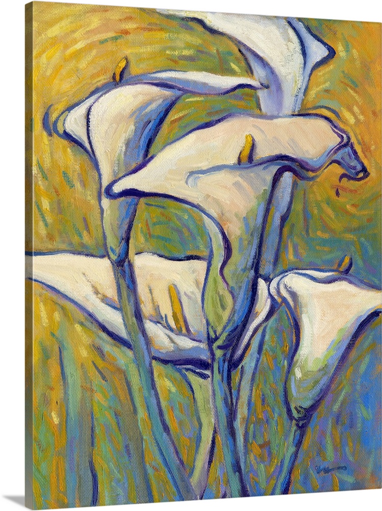A vertical contemporary painting of a bouquet of white lilies.