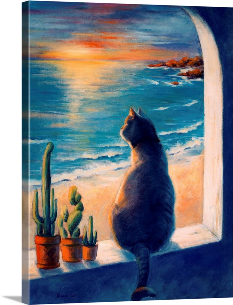 A contemporary painting of a cat sitting on a window sill, looking out at the ocean waves during sunset.