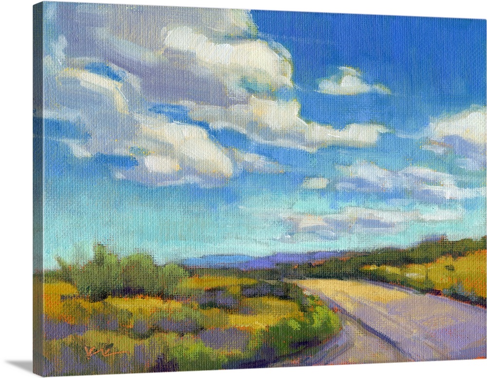 Contemporary landscape painting of a road going through green fields with clouds and a blue sky above.