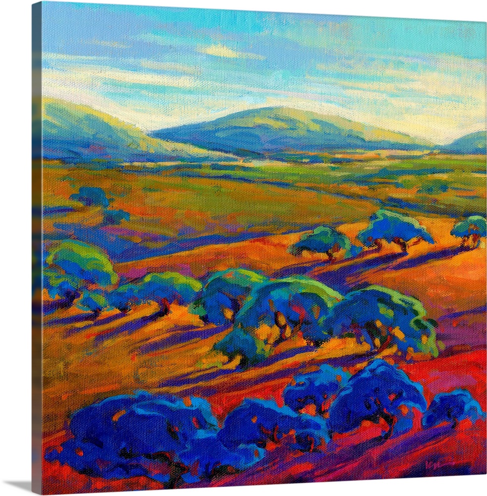 A square contemporary painting of a row of trees and rolling hills in vibrant colors.