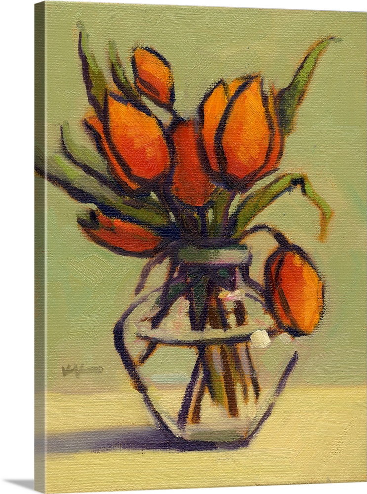 A vertical contemporary painting of a glass vase of eloquent flowers.