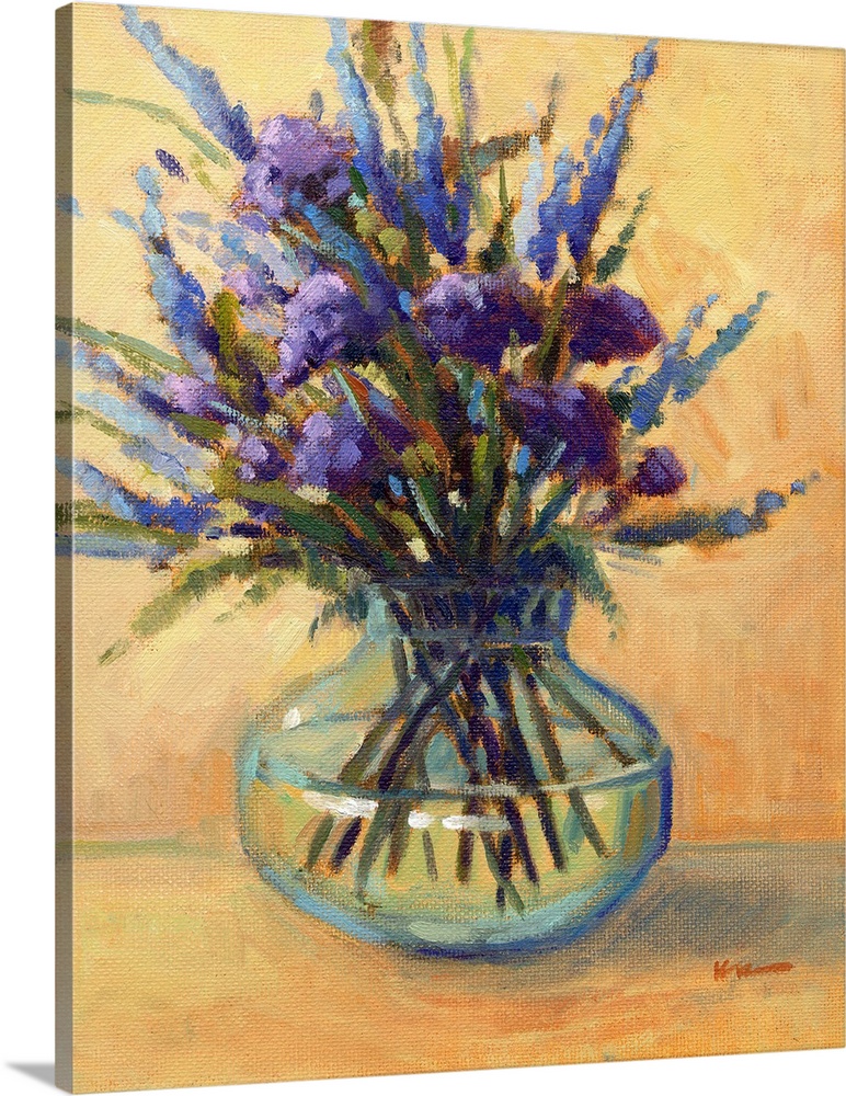 A vertical contemporary painting of a glass vase of eloquent summer flowers.