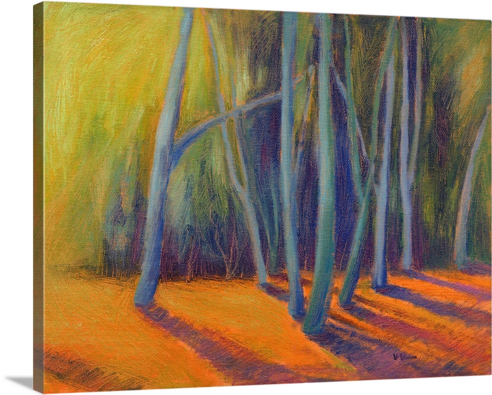 A multicolored painting of a forest of trees.